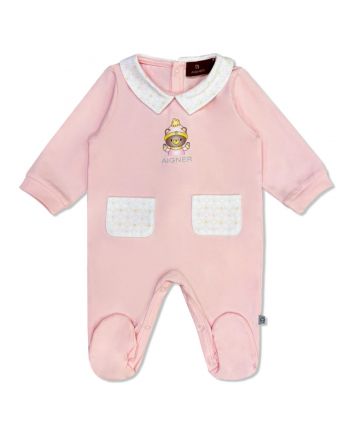 Baby Girls Pink Logo Romper With 2 Pockets