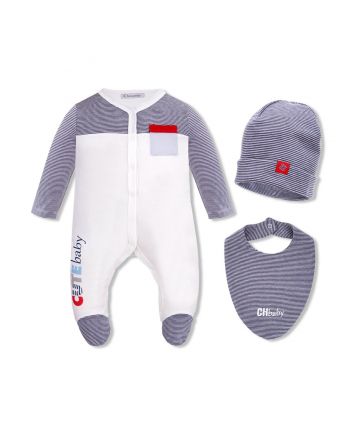 Knitted Set ( Overall, Bonnet, bib) , ecru blue