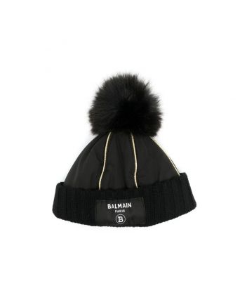 Black Logo Pom-Pom Beanie Hat