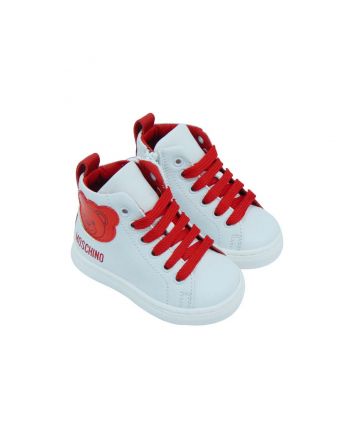 White High-Top Sneakers With Red Logo Detailing