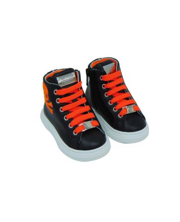 Blue High-Top Sneakers With Orange Detailing