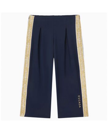 Girls Blue & Golden Logo-Print Flared Legs Pants