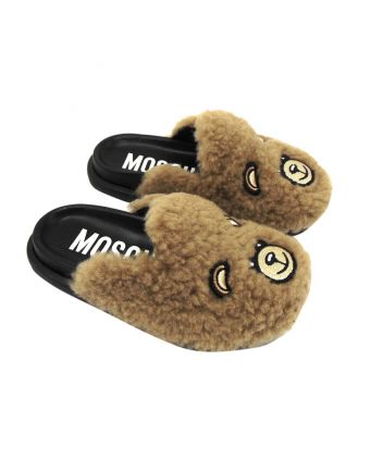 Faux Fur Mules With Teddy Bear Motif By Moschino