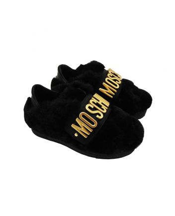 Black Faux Fur Slip On Shoes With Golden Logo Lettering
