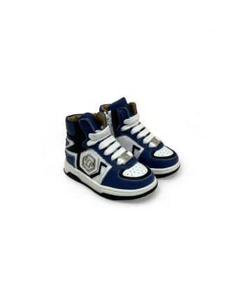 Boys White and Blue Leather Trainers