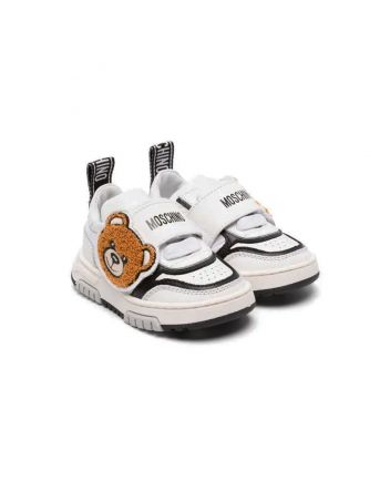 Boys White Teddy Bear-Patch Leather Sneakers