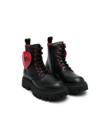 Girls Black Heart-Patch Combat Boots
