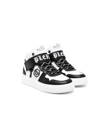 Boys White & Black Logo-Embroidered Leather Sneakers
