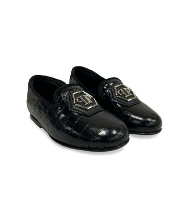 Boys Black Leather Logo-Plaque Loafers