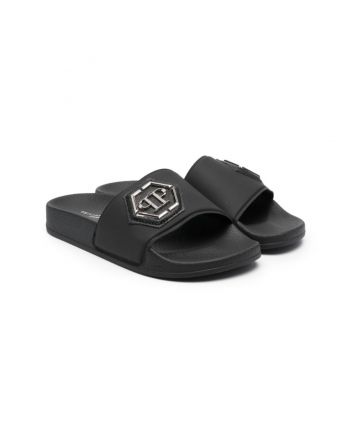 Unisex Black Logo-Plaque Slider