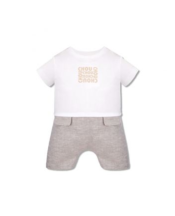 Printed Combined Romper, ecru /beige striped