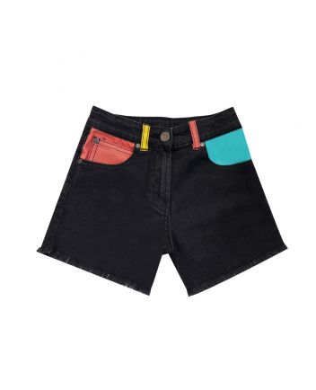 Black Denim Shorts With Colourful Pockets & Belt Loops