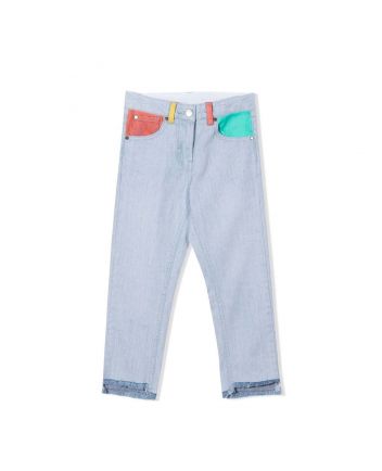 Girls Blue Chambray Pants With Colorful Pockets And Belt Loops