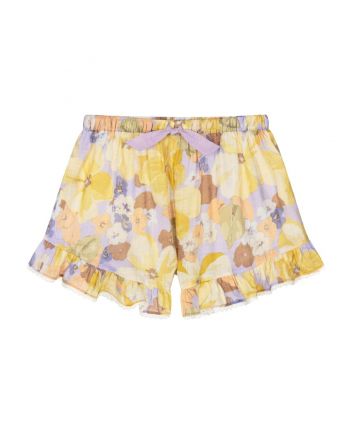Girls Yellow & Purple Cotton Floral Shorts