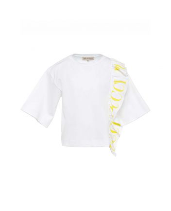 White T-Shirt with Yellow Logo Printed Side Frills