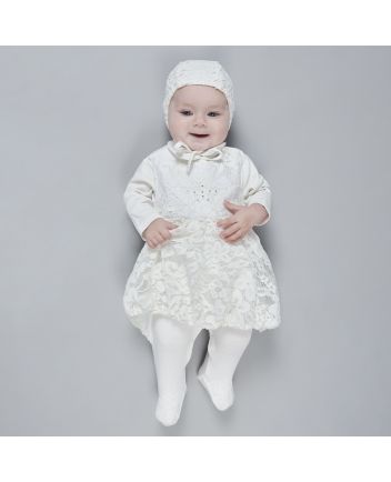 Bow Decorated Overal-Dress and Bonnet Set., ecru