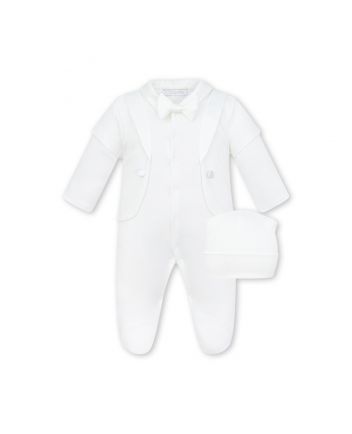 Blazer Immitation Bow Decorated Overalls and Bonnet, ecru