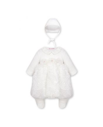 Dress set (overall, bonnet) with lace and fluffy skirt, ecru