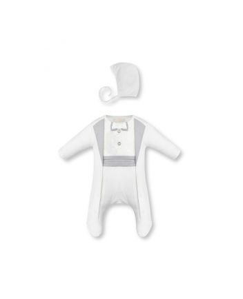 Overalls and bonnet, blue/ecru