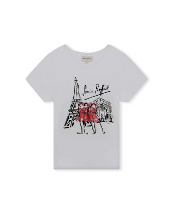 Girls White Cotton Eifel Tower T-Shirt