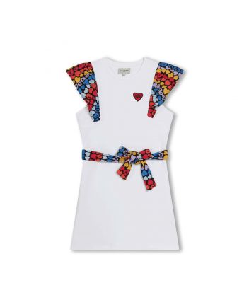 Girls White Heart-Print Belt Cotton Dress