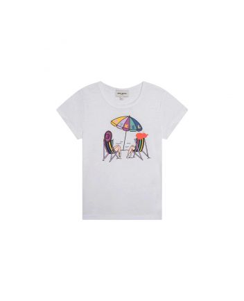 Girls White Printed Cotton T-Shirt