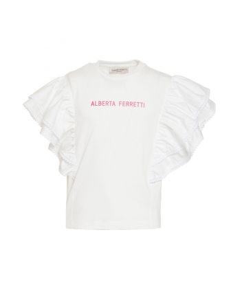 Logo Print Ruffle Detail Off-White T-shirt