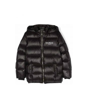 Kids Black Logo Print Hooded Puffer Jacket