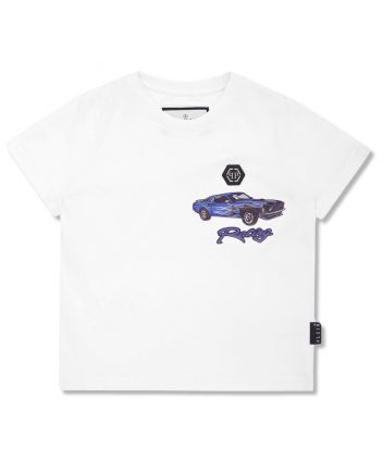 Boys White Racing Car-Print Cotton T-Shirt