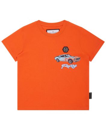 Boys Orange Car Logo-Patch Cotton T-Shirt