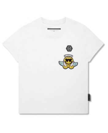 Unisex White Logo Smiley-Patch T-Shirt
