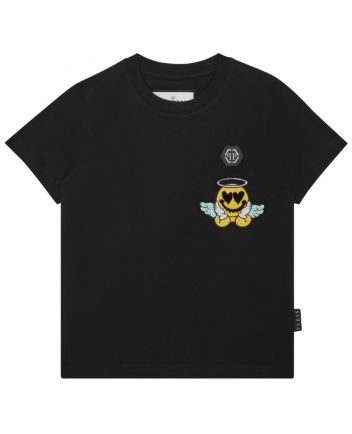 Boys Black Logo Smiley-Patch Cotton T-Shirt