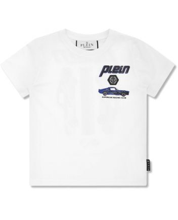 Boys White Racing Car-Print Cotton T-Shirt