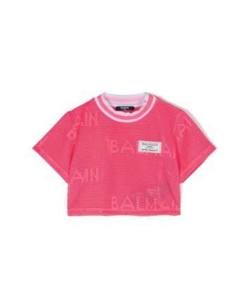 Girls Pink Logo-Patch Mesh T-shirt