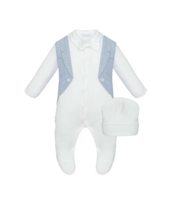 Tuxedo Immitation Bow Decorated Overalls and Bonnet, ecru/blue
