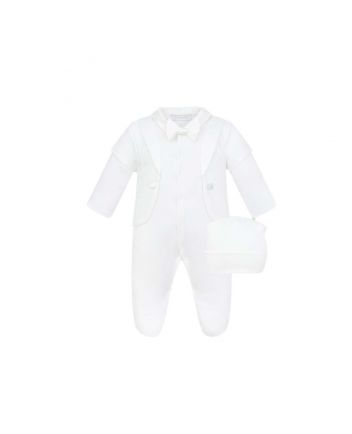Blazer Immitation Bow Decorated Overalls and Bonnet, ecru