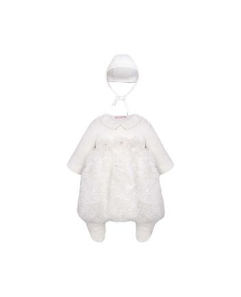 Dress set (overall, bonnet) with lace and fluffy skirt, ecru