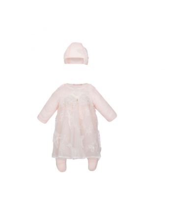 Set (Dress-overalls and Bonnet) with butterflies and lace, ecru/pink