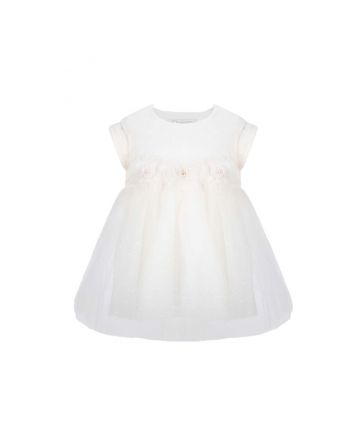 Fluffy Skirt Flowers Decorated Smart Dress, ecru