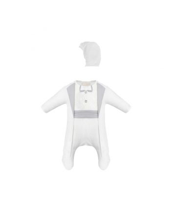 Overalls and bonnet, blue/ecru