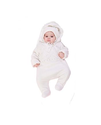 Lace Decorated Warmed Pramsuit and Bonnet Set, ecru