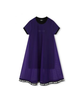 Girls Purple & Black Tulle Overlay Flared Dress