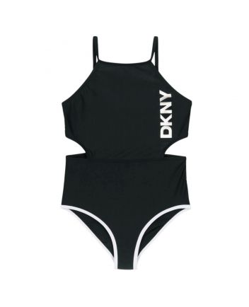 Girls Black Metallic Logo Swimsuit