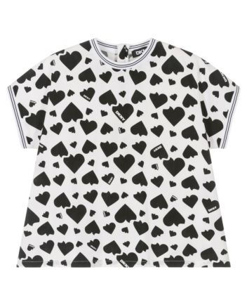 Girls White & Black Cotton Heart Top
