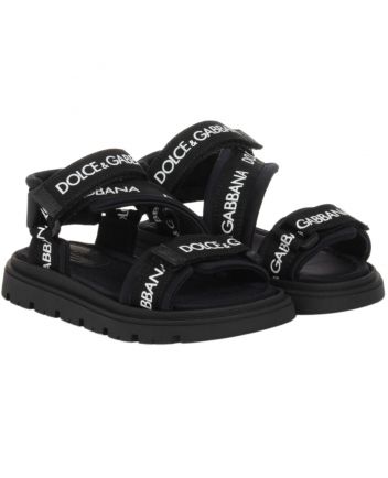 Unisex Black Logo Print Velcro Sandals