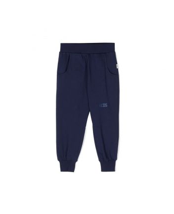Kids Navy Blue Logo-Print Cotton Trousers