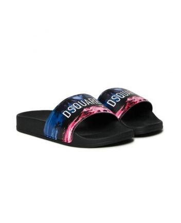 Boys Black Graphic-Print Faux-Leather Slides