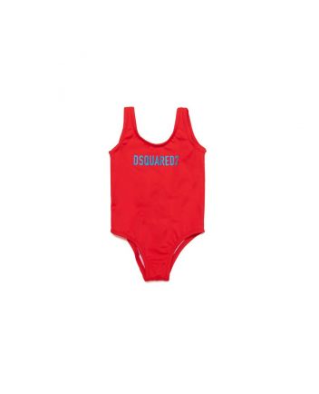 Girls Red Logo Print Swimsuit
