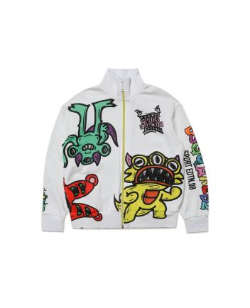 Kids White Monsters Printed Sweatshirt With Zip