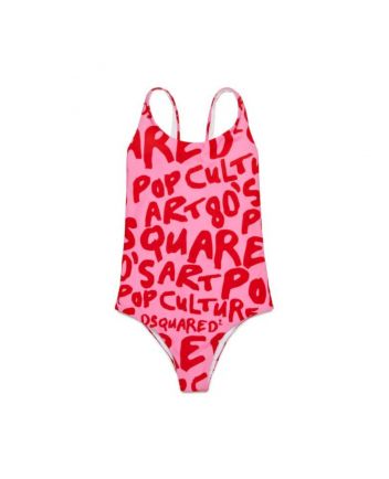 Girls Pink Slogan-Print Swimsuit